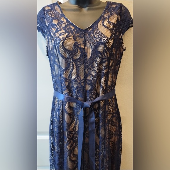 Cardalite Navy  Blue/ Tan Lace Maxi Dress* Sheer Lace Festive Dress - Picture 2 of 16